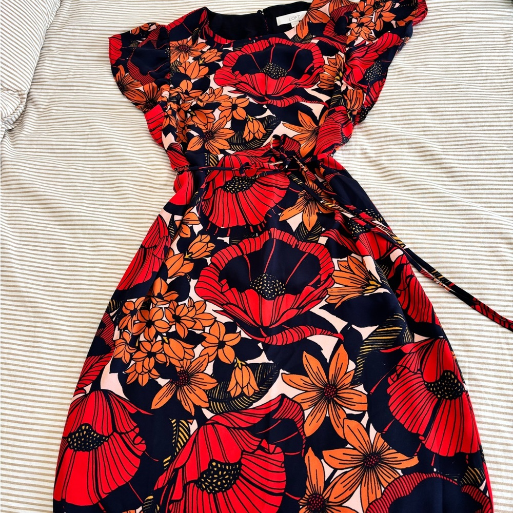 LOFT Navy Floral Midi Dress with Red & Orange Blooms